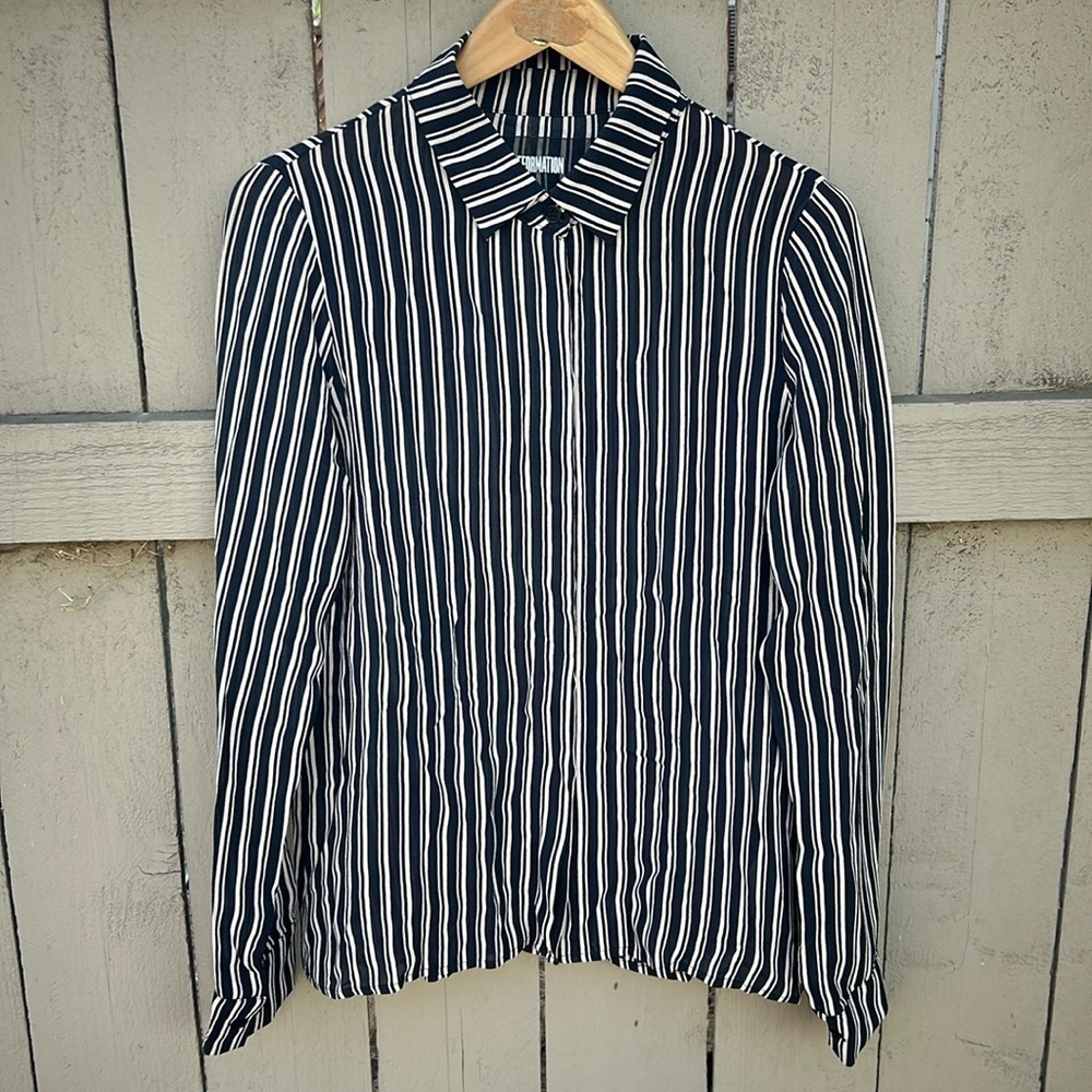 Reformation Striped Button Down Blouse Black and White Semi-Sheer Officecore S